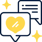 A graphic icon representing social media engagement, featuring a speech bubble, a heart symbol, and stars.